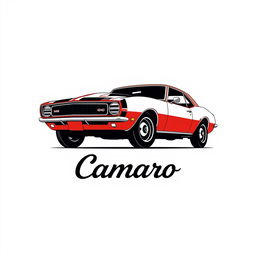 A retro logo design featuring a 1968 Camaro, rendered in a minimalist style