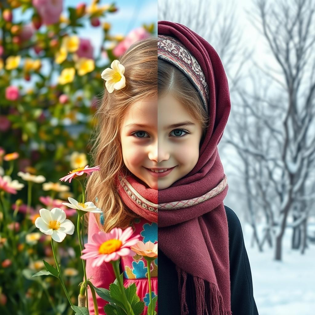 A vibrant scene depicting a young girl in spring, radiating joy, wearing a beautiful, colorful outfit, surrounded by blooming flowers and bright greenery