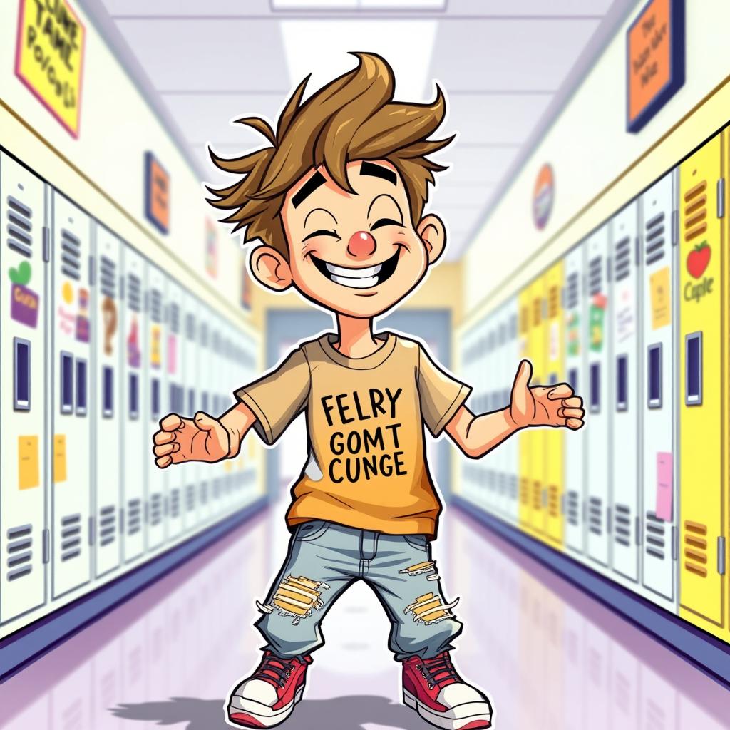 A humorous teenage boy character, with messy hair and wearing a colorful graphic t-shirt with a funny slogan, distressed jeans, and bright sneakers