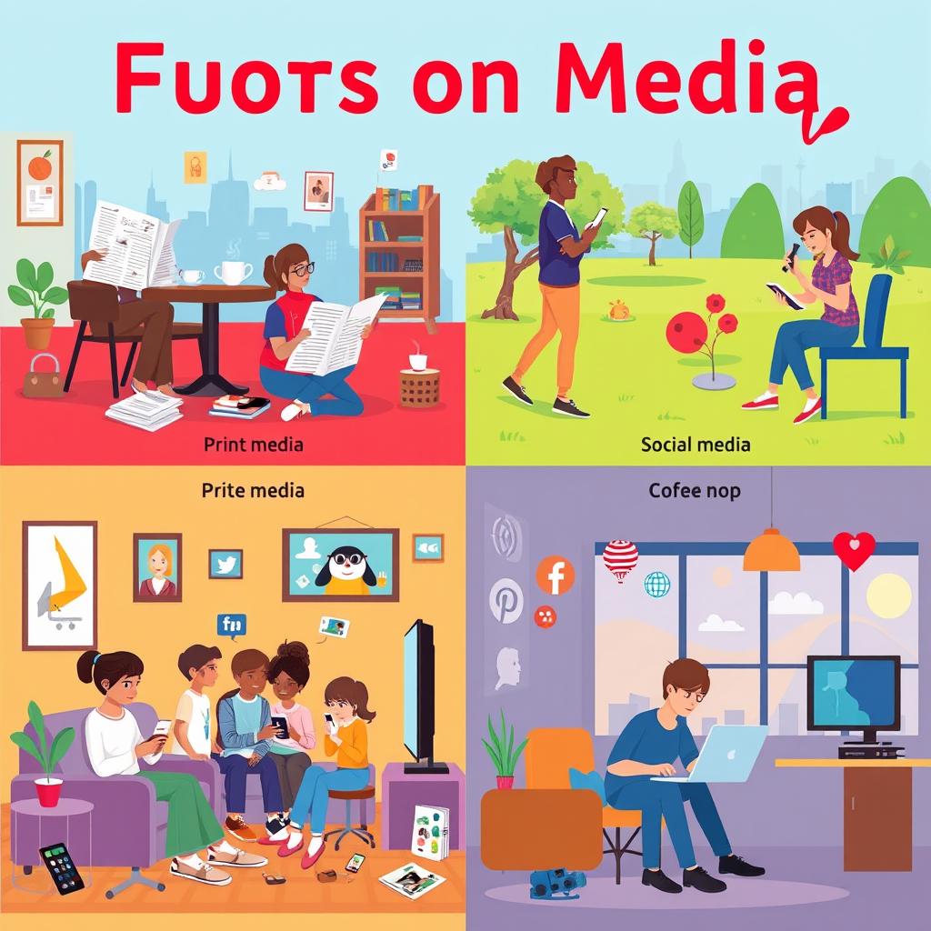 A visual representation illustrating the impact of various types of media on everyday life, featuring scenes that depict people engaging with print media like newspapers and books, digital media such as smartphones and laptops, social media interactions with friends and family, as well as TV and streaming services