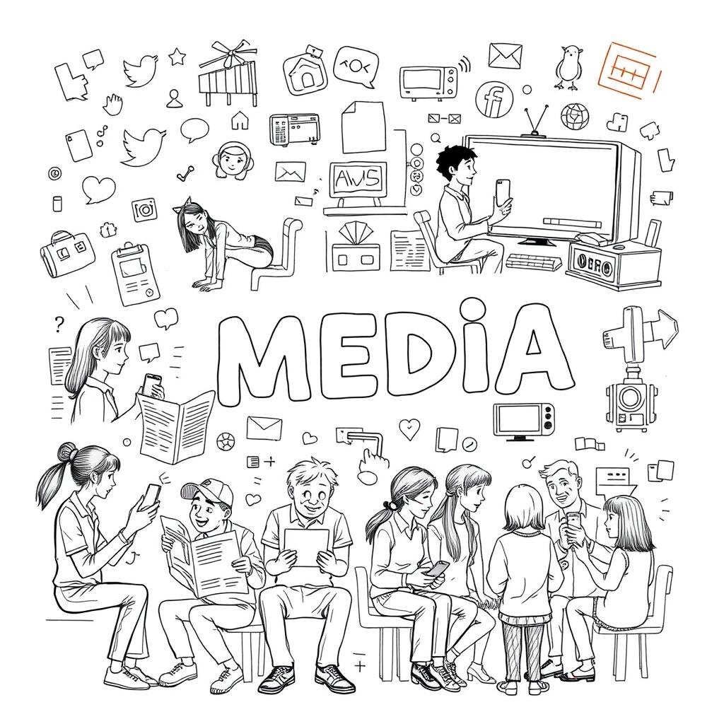 A detailed sketch illustrating the different types of media and their impact on everyday life