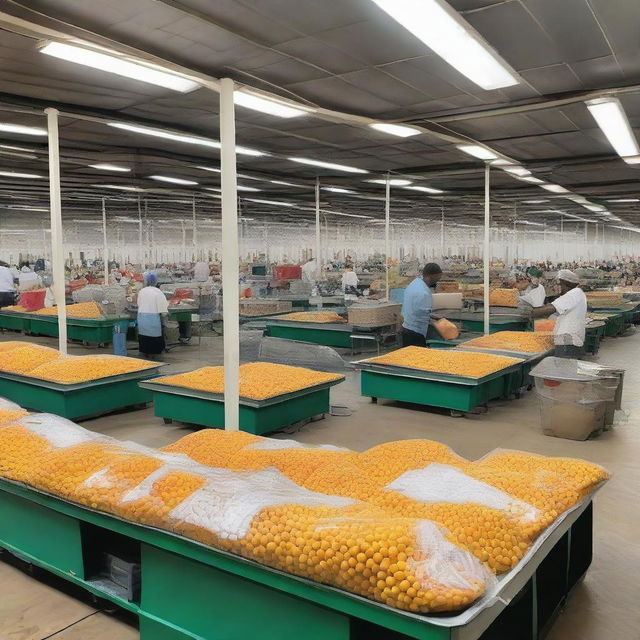 A well-organized and expansive Guyana Marketing Corporation Processing and Packaging Facility bustling with activity under bright industrial lighting, featuring large processing machines, packaged goods stacked neatly, and workers coordinating efficiently.