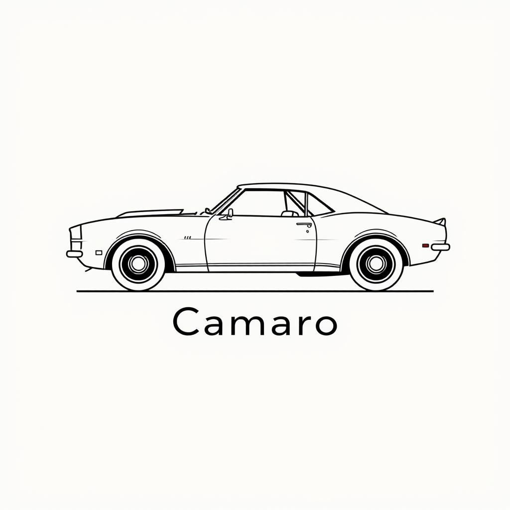 A retro logo design featuring a side view of a 1968 Camaro, created in a minimalist style using line work in black and white