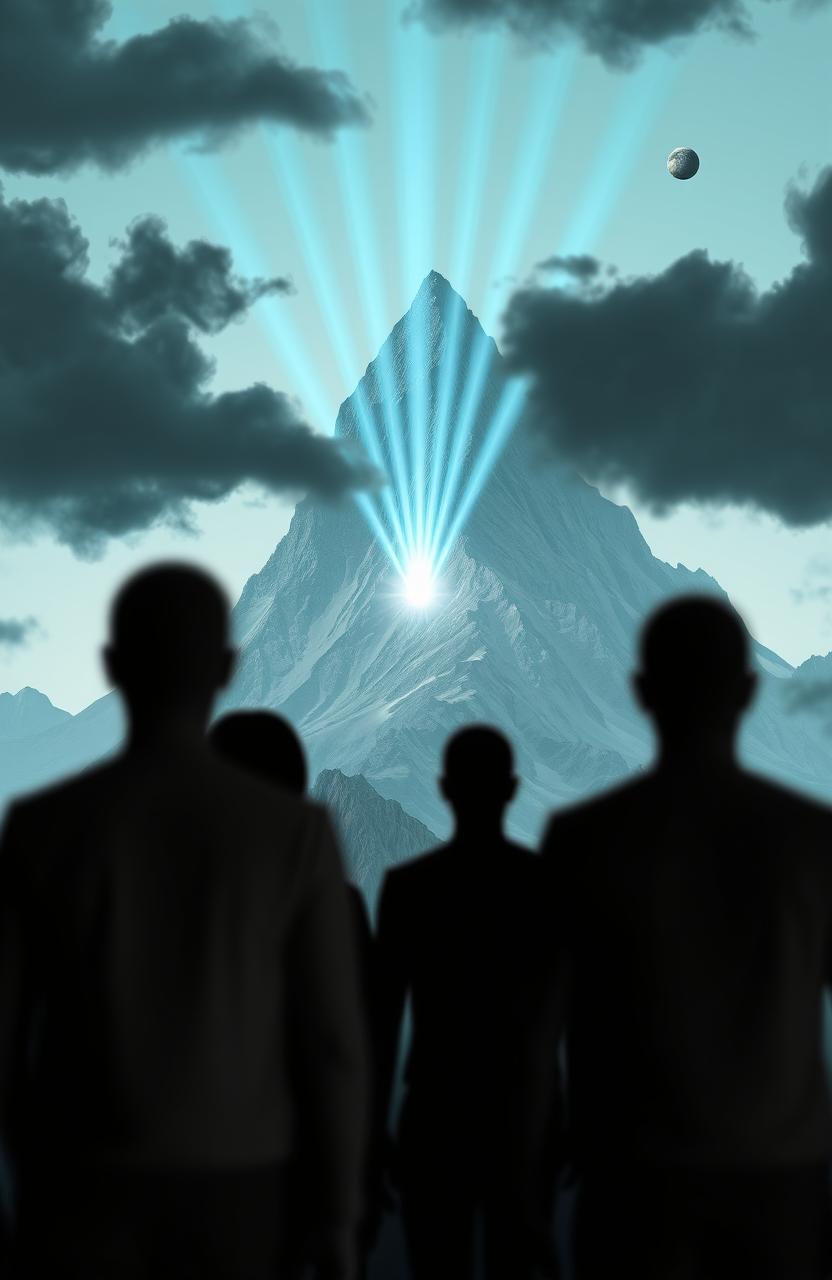 Four human-like figures, appearing blurry, stand in front of a tall mountain with a subtly cyan hue