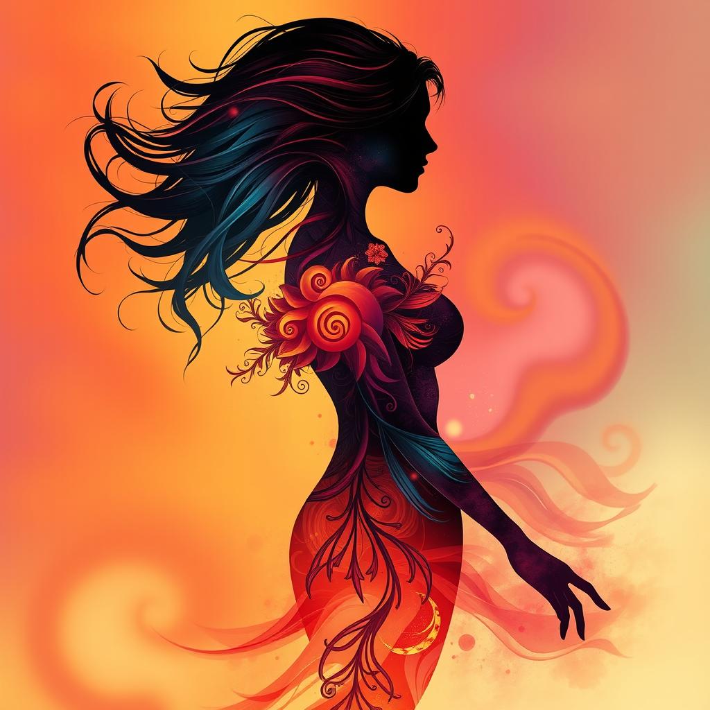 A surreal and abstract representation of a woman's silhouette with flowing curves and vibrant colors, evoking deep emotions and inner strength