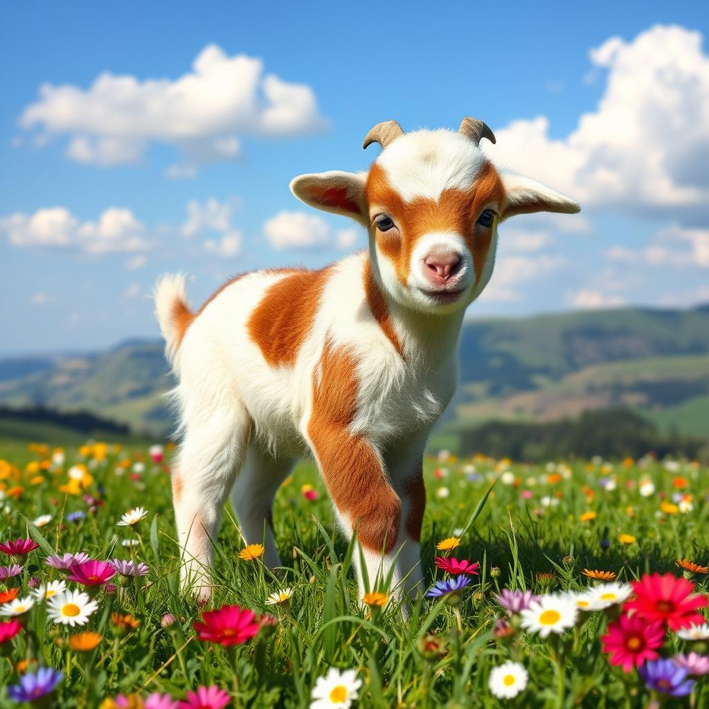 A cute and fluffy baby goat (also known as a kid), standing in a lush green field filled with colorful wildflowers, its fur is soft and white with brown patches, playful and curious expression, surrounded by a sunny blue sky with a few fluffy clouds, the background shows a picturesque countryside landscape with rolling hills, the baby goat is playfully munching on some grass, conveying a sense of joy and innocence