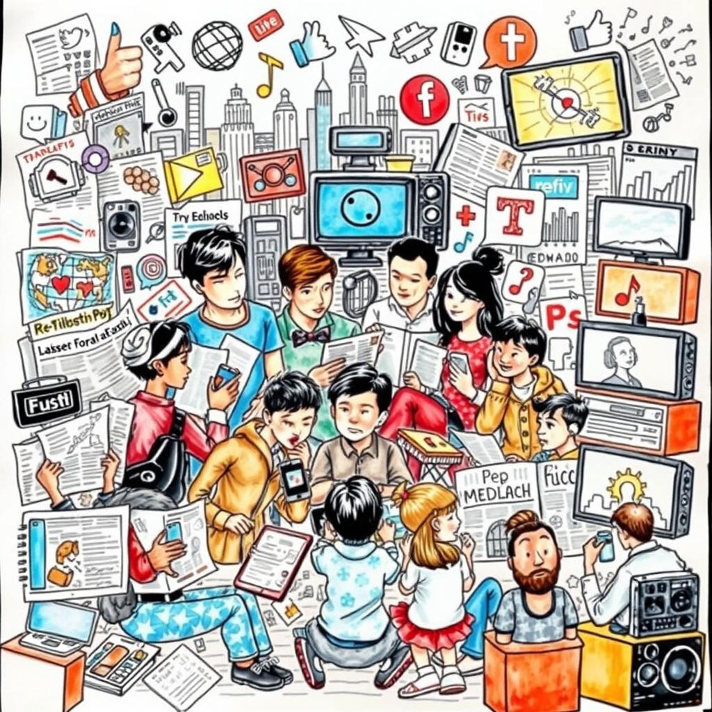 A detailed illustration showcasing various types of media and their impact on everyday life