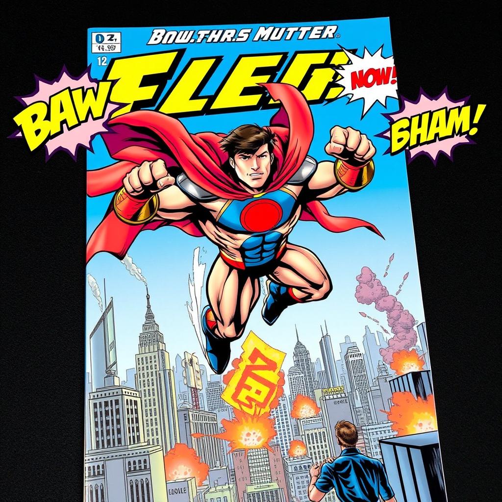 An action-packed comic book cover featuring a dynamic superhero in a powerful pose, soaring through the air with a city skyline in the background