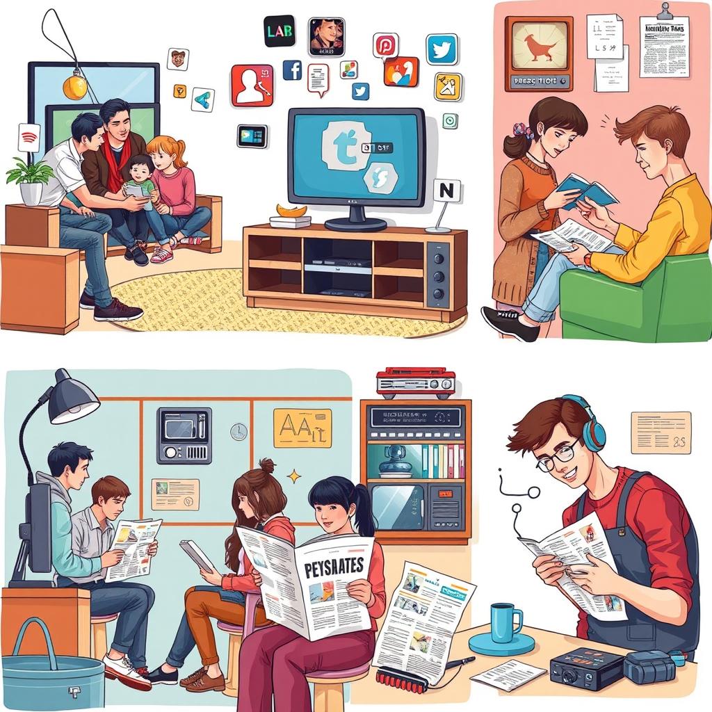 A detailed illustration depicting various types of media influencing everyday life, including television, social media, newspapers, and radio