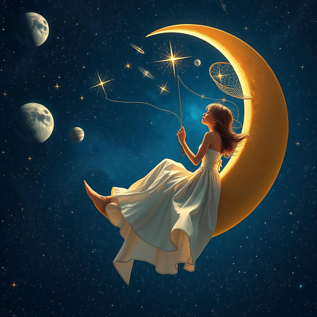 A girl sitting gracefully on a crescent moon, gazing at the stars while fishing for them with a delicate net