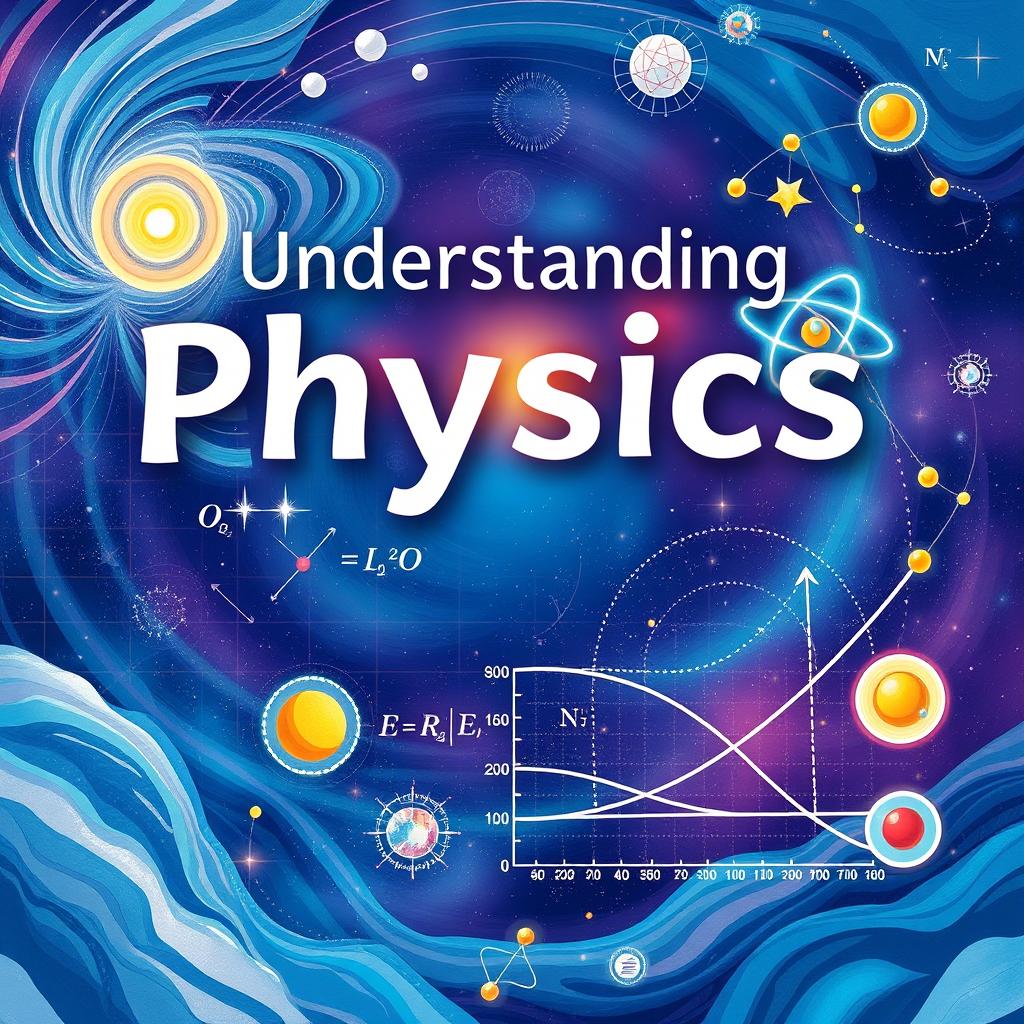 A detailed and visually engaging illustration for a physics textbook cover, showcasing various physics concepts such as gravitation, electromagnetism, and quantum mechanics