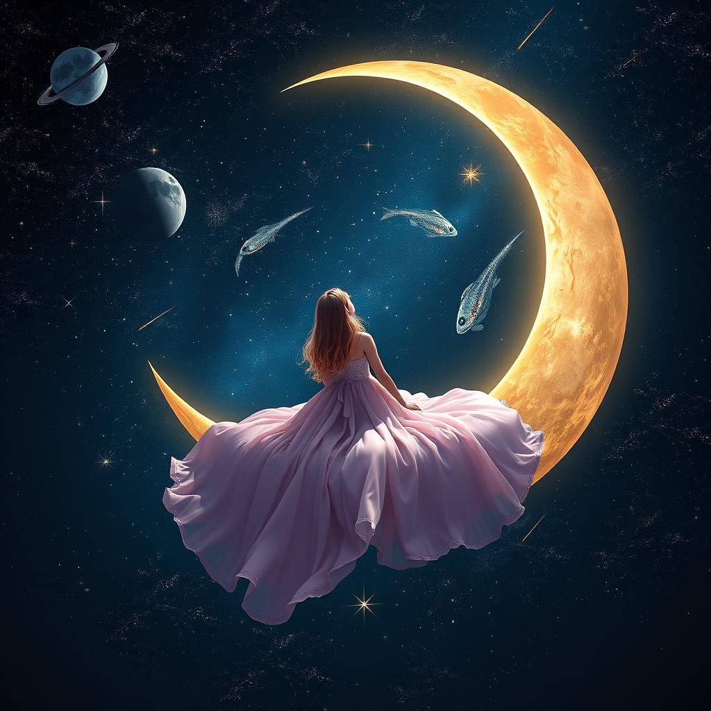 A girl sitting on the moon, wearing a long and beautiful dress, with shiny and stunning hair, gazing at the stars as if she is pulling fish from the sky