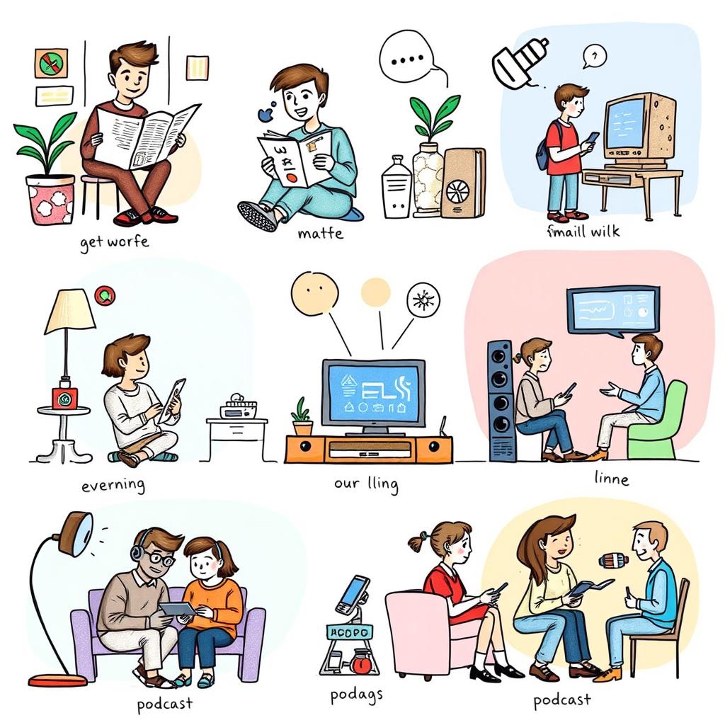 An illustrated sketch depicting various types of media and their impact on everyday life