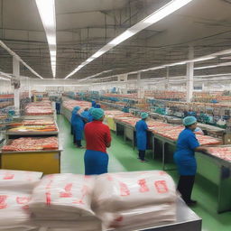 A well-organized and expansive Guyana Marketing Corporation Processing and Packaging Facility bustling with activity under bright industrial lighting, featuring large processing machines, packaged goods stacked neatly, and workers coordinating efficiently.