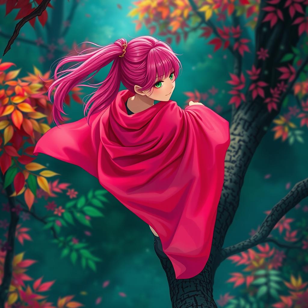 A Korean girl with bright neon pink hair tied back, wearing a flowing red cloak