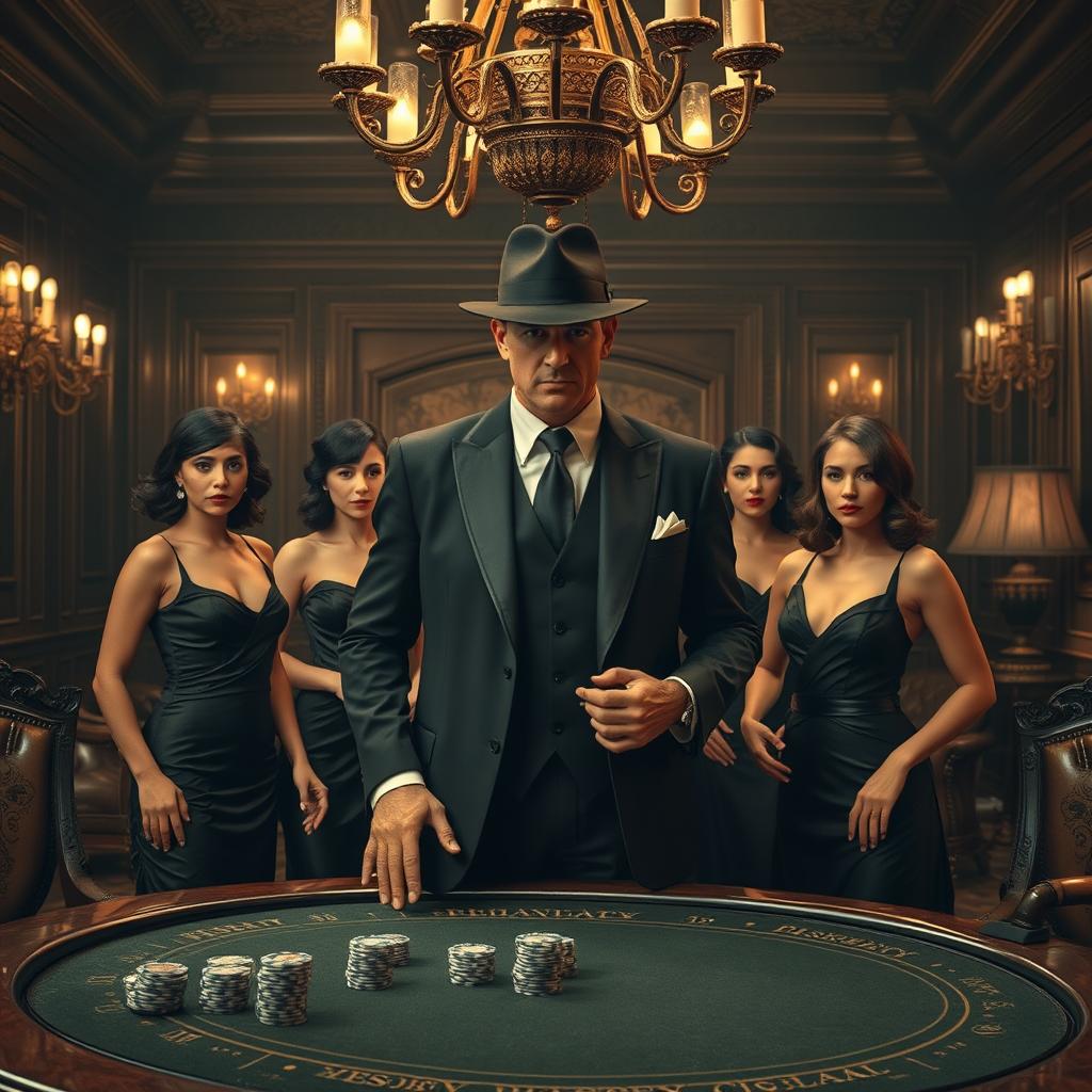 A stylish mafia family scene set in an opulent 1920s mansion, featuring a charismatic mafia leader in a tailored black suit and fedora, flanked by elegant women in glamorous vintage dresses