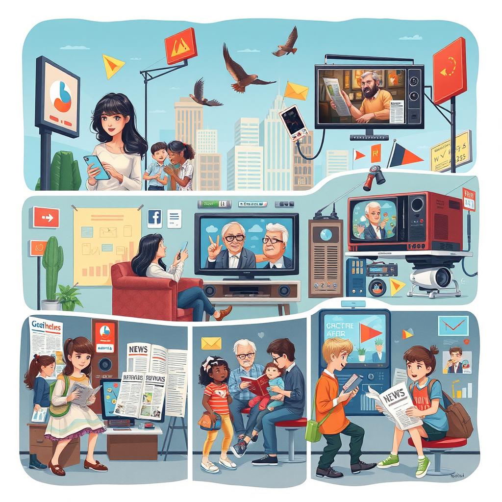 A detailed, informative illustration showcasing various types of media and their impact on everyday life
