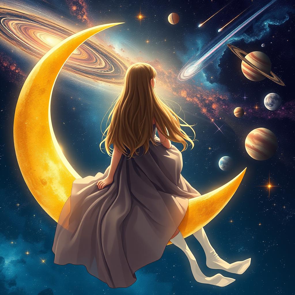 A girl sitting on a crescent moon, gazing at the stars with a beautiful, long and elegant dress
