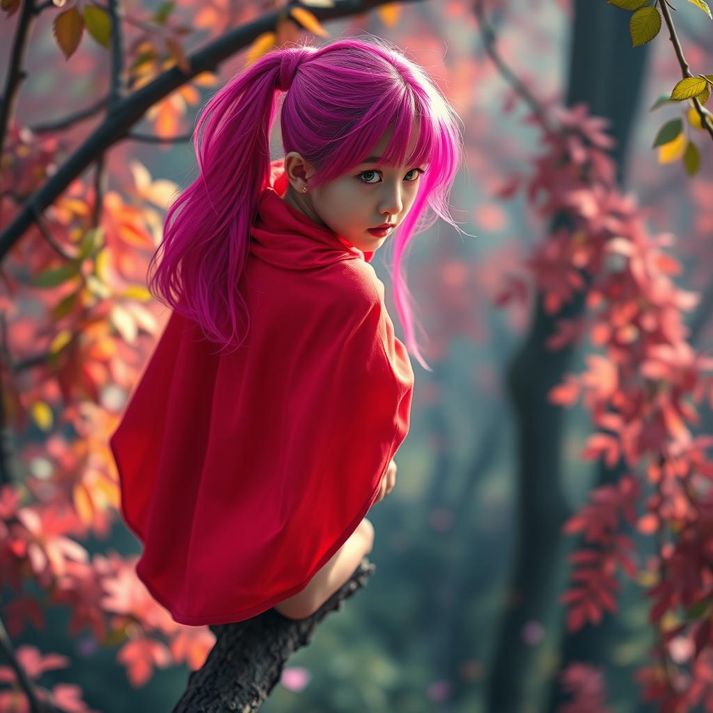 A real Korean girl with bright neon pink hair tied back, wearing a flowing red cloak
