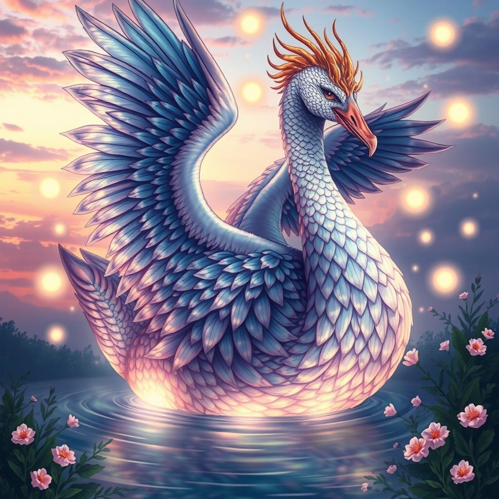 A stunningly detailed illustration of a gansater, a mythical creature resembling a majestic swan with intricate feather patterns, set against a dreamy twilight sky