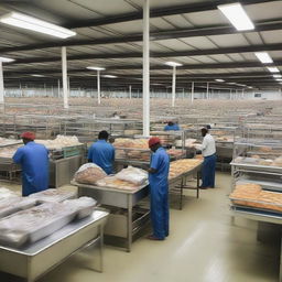 A well-organized and expansive Guyana Marketing Corporation Processing and Packaging Facility bustling with activity under bright industrial lighting, featuring large processing machines, packaged goods stacked neatly, and workers coordinating efficiently.