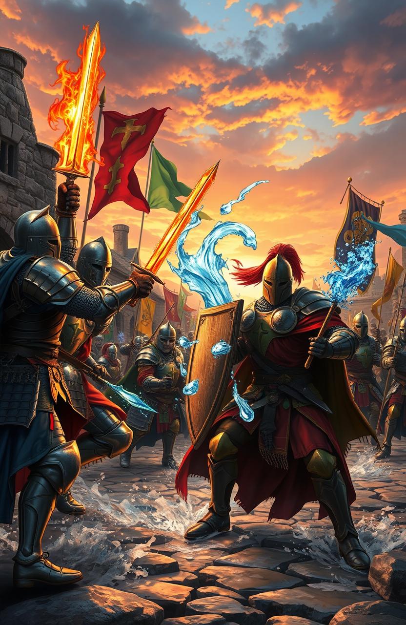 A vibrant medieval scene depicting knights and warriors adorned in intricate armor, wielding various magical artifacts infused with elemental powers