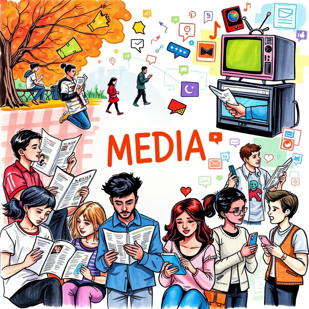 A detailed and engaging sketch illustrating various types of media and their impact on everyday life