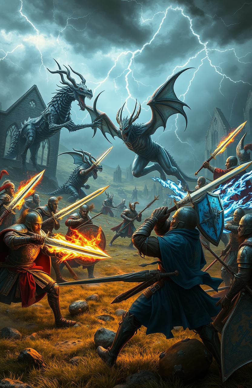 A dramatic medieval scene set in a fantasy world, depicting a fierce battle between warriors equipped with magical artifacts that channel elemental powers