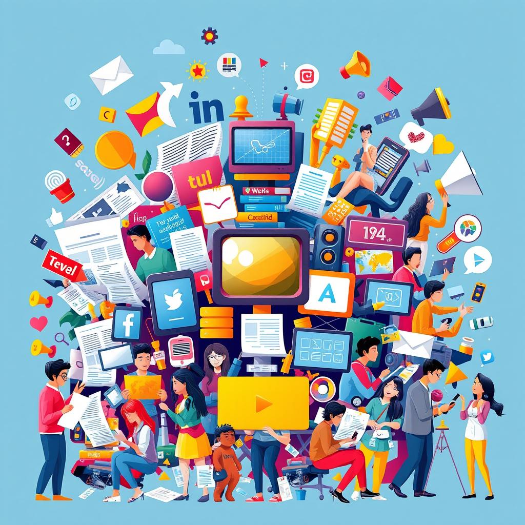 A vibrant and thought-provoking graphic art piece displaying various types of media and their impact on everyday life