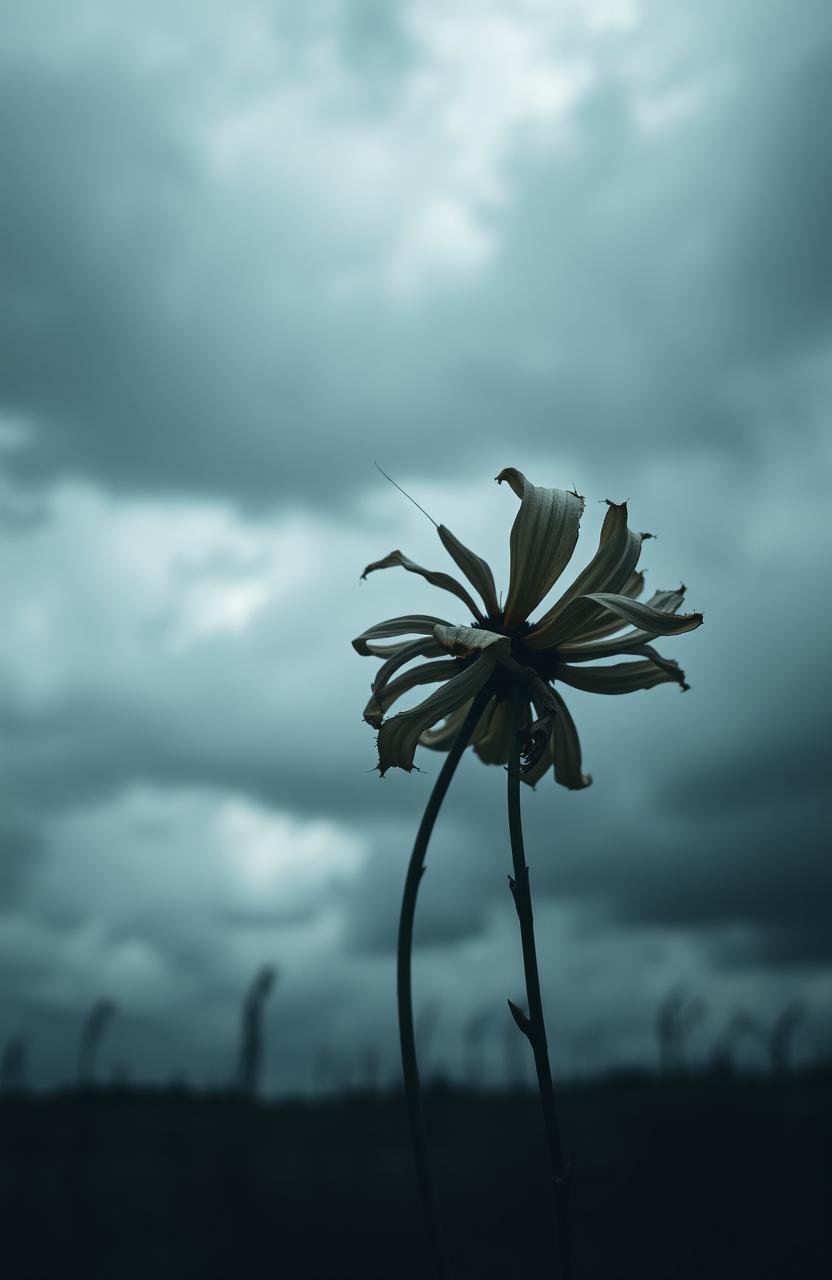 A dying flower blowing in the wind, set in a dark and sinister atmosphere