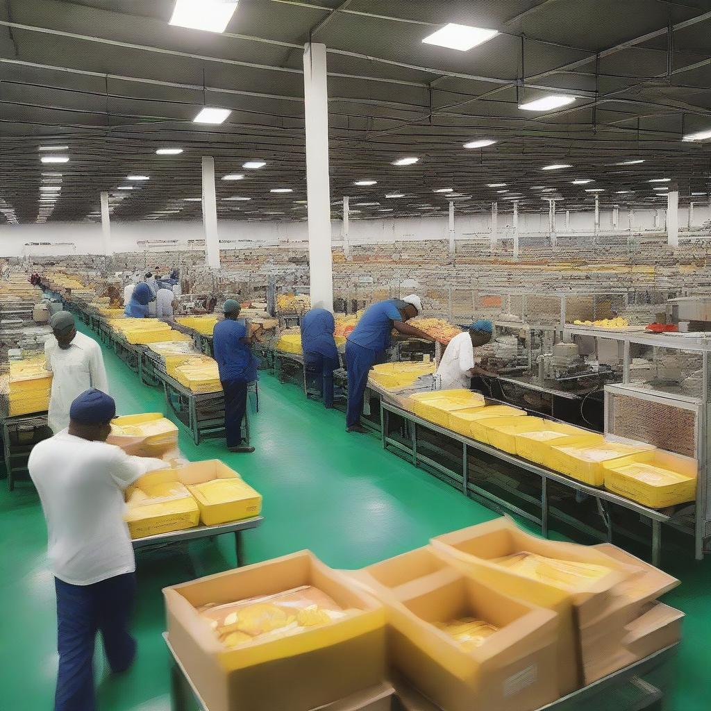 A well-organized and expansive Guyana Marketing Corporation Processing and Packaging Facility bustling with activity under bright industrial lighting, featuring large processing machines, packaged goods stacked neatly, and workers coordinating efficiently.