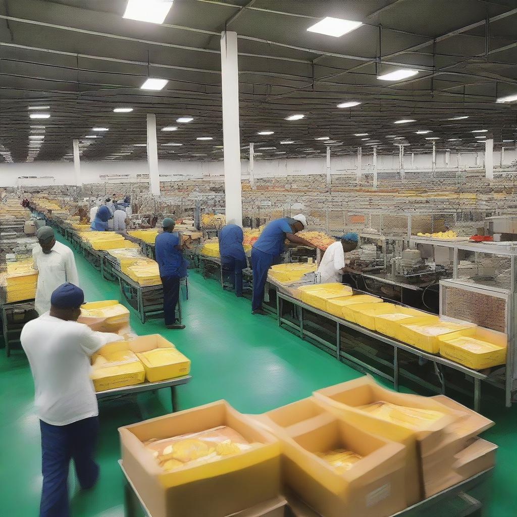 A well-organized and expansive Guyana Marketing Corporation Processing and Packaging Facility bustling with activity under bright industrial lighting, featuring large processing machines, packaged goods stacked neatly, and workers coordinating efficiently.