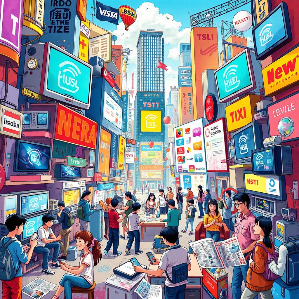 A vivid and imaginative graphic art piece illustrating how different types of media affect people's everyday life