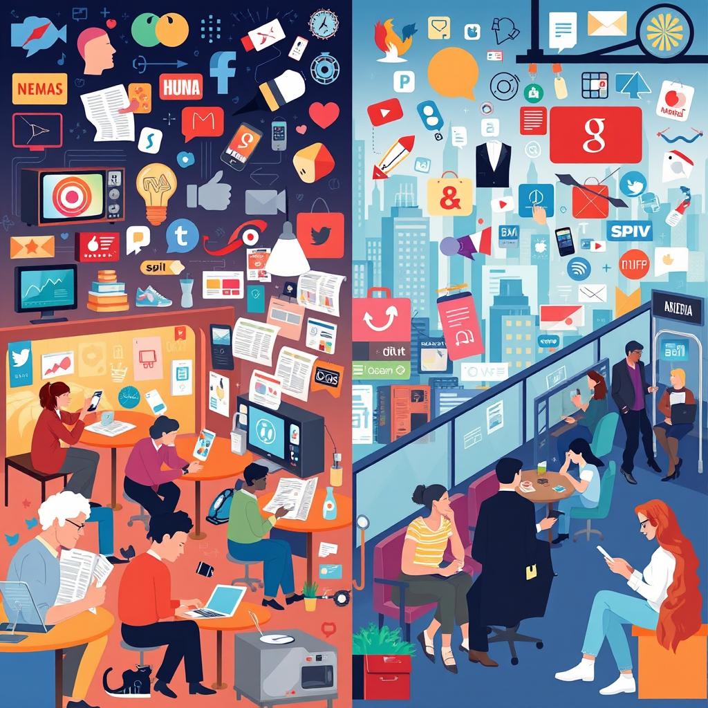 An artistic depiction showcasing various forms of media influencing everyday life