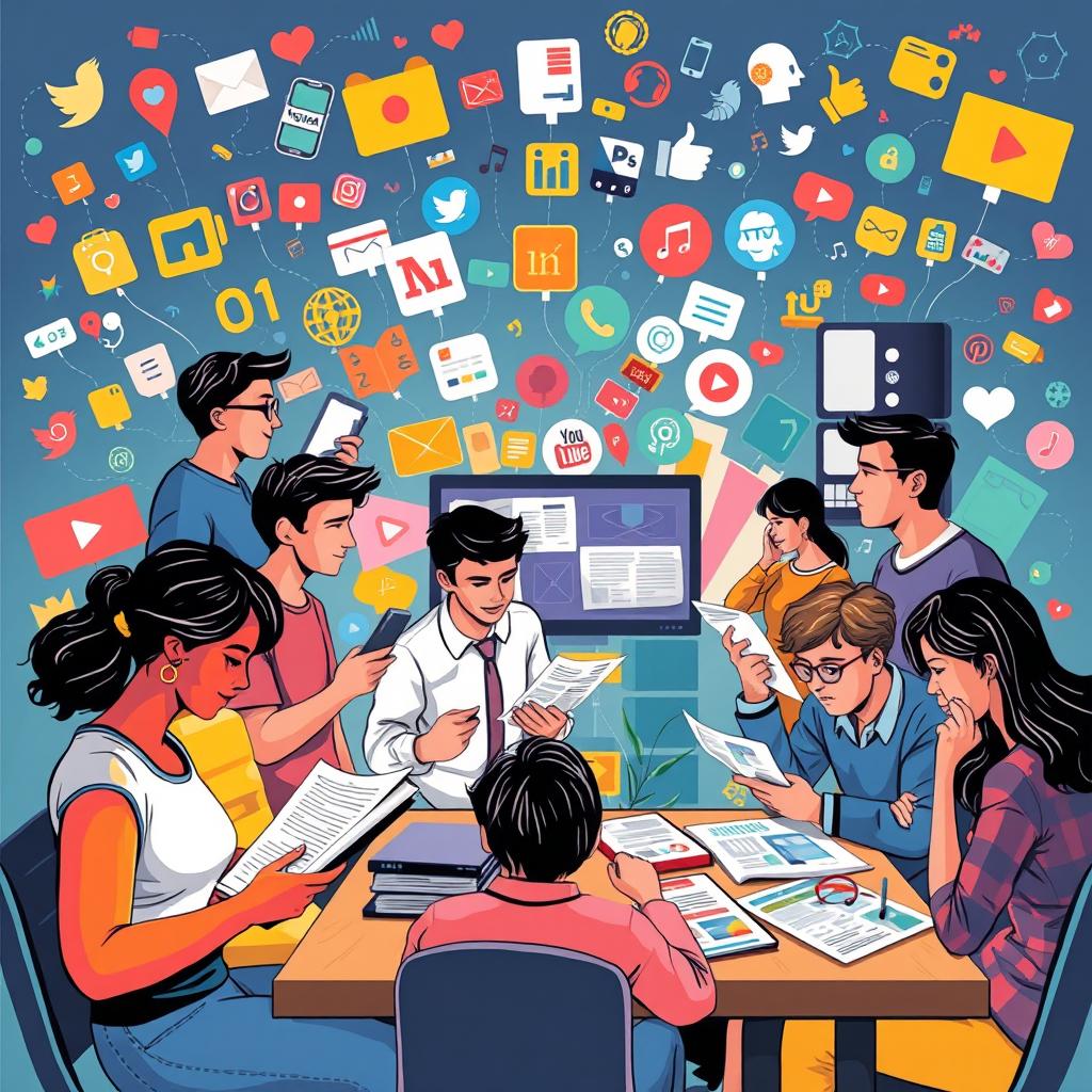A vibrant and dynamic graphic art illustration depicting various types of media and their impact on everyday life