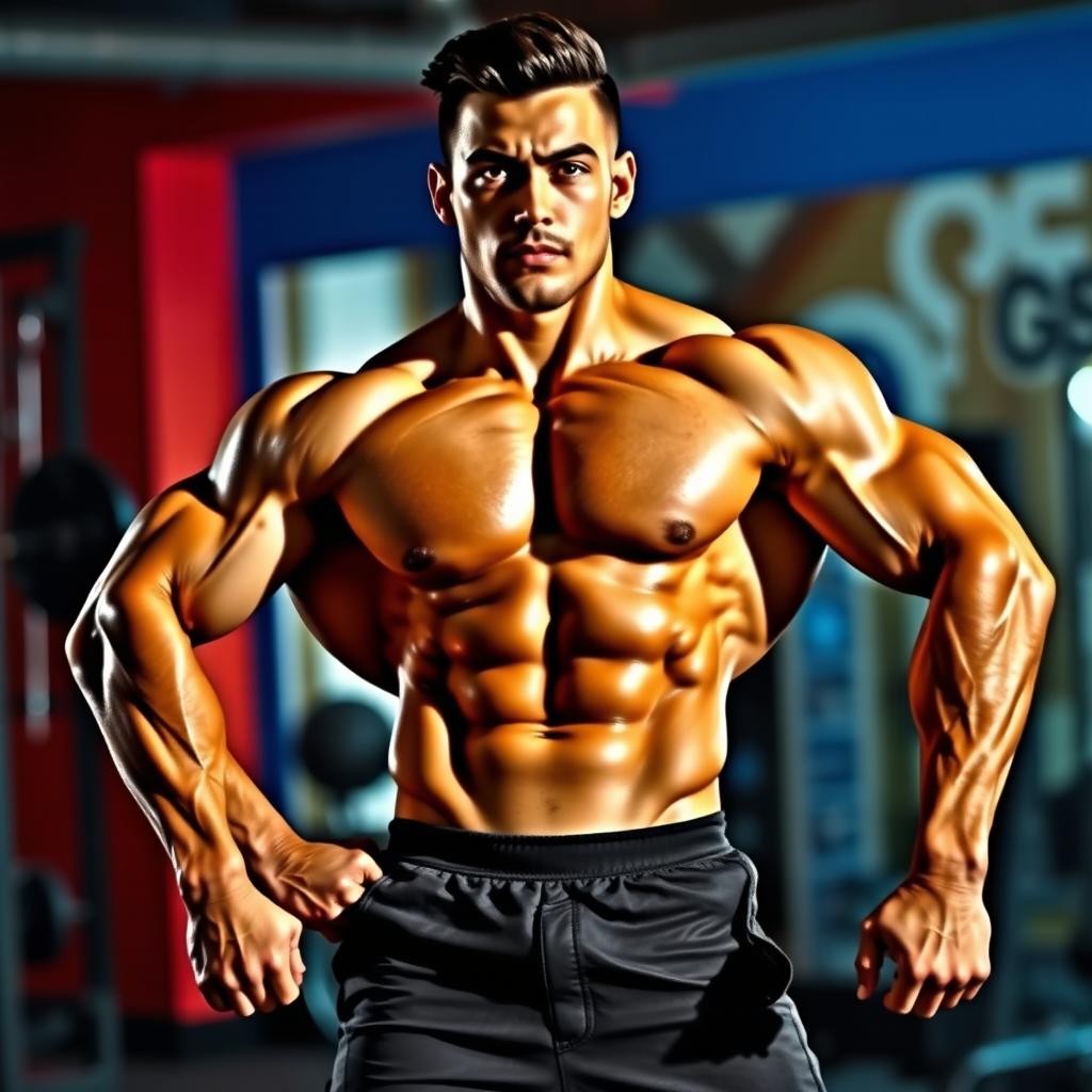 A muscular person with an athletic build, showcasing well-defined biceps and abs, standing confidently in a dynamic pose