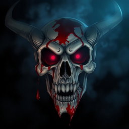 A dark and sinister atmosphere featuring a close-up view of a demon skull, intricately detailed and covered with fresh blood
