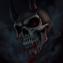 A dark and sinister atmosphere featuring a close-up view of a demon skull, intricately detailed and covered with fresh blood