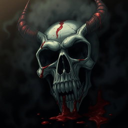 A dark and sinister atmosphere featuring a close-up view of a demon skull, intricately detailed and covered with fresh blood