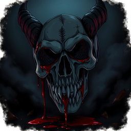 A dark and sinister atmosphere featuring a close-up view of a demon skull, intricately detailed and covered with fresh blood