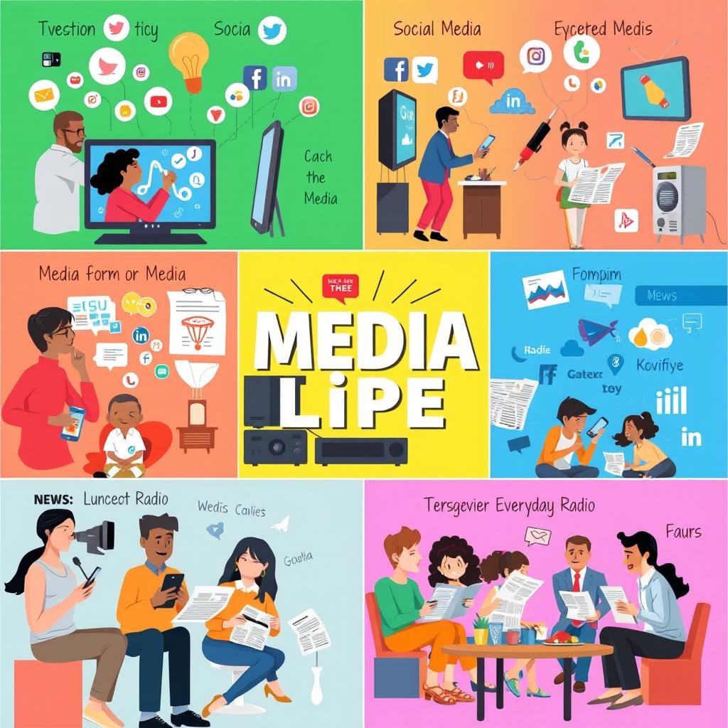 A vibrant graphic art depiction illustrating the impact of various media types on everyday life