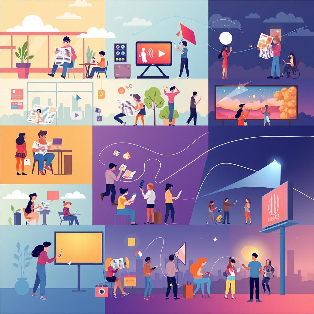 A vibrant graphic art piece illustrating the influence of different types of media on everyday life