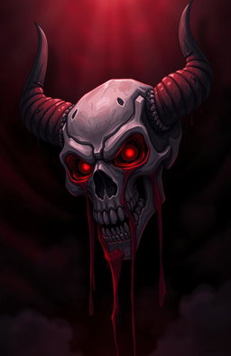 Anime style illustration of a dark and sinister atmosphere featuring a demon skull drenched in blood