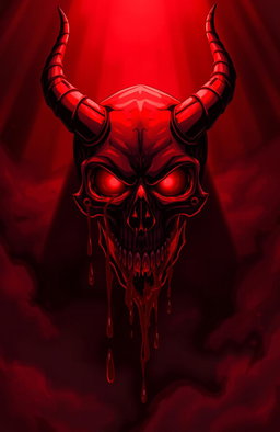 Anime style illustration of a dark and sinister atmosphere featuring a demon skull drenched in blood