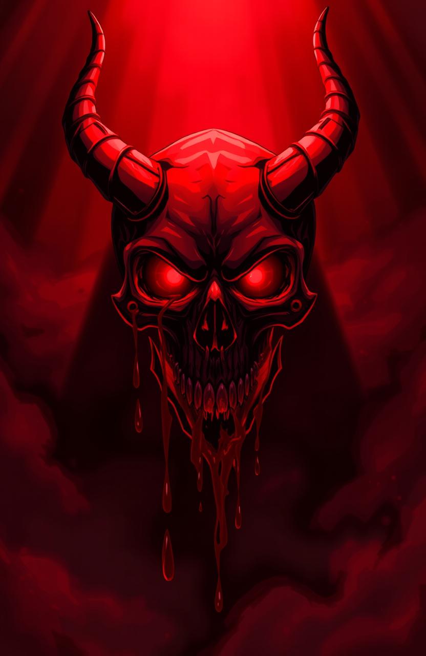 Anime style illustration of a dark and sinister atmosphere featuring a demon skull drenched in blood