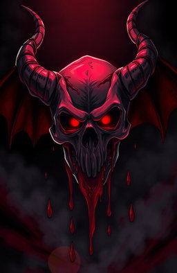 Anime style illustration of a dark and sinister atmosphere featuring a demon skull drenched in blood
