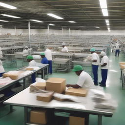 Illustrate a sprawling and modern Guyana Marketing Corporation Processing & Packaging Facility in operation, with workers bustling about, machinery humming, and neatly packaged products ready for distribution.