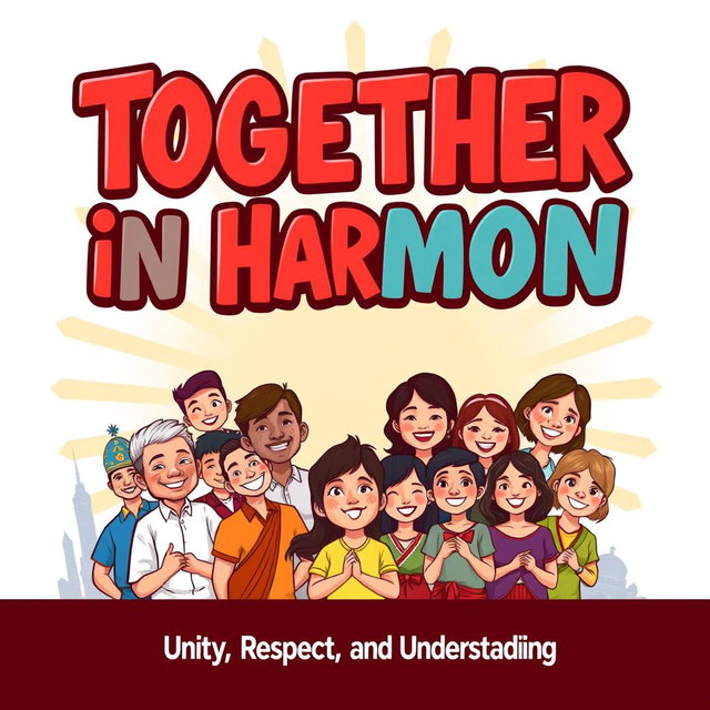 A digital cartooned poster with a bold message emphasizing unity and peace, showcasing diverse Filipino cultural elements like traditional clothing, national landmarks, and joyful gatherings