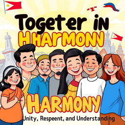 A digital cartooned poster with a bold message emphasizing unity and peace, showcasing diverse Filipino cultural elements like traditional clothing, national landmarks, and joyful gatherings