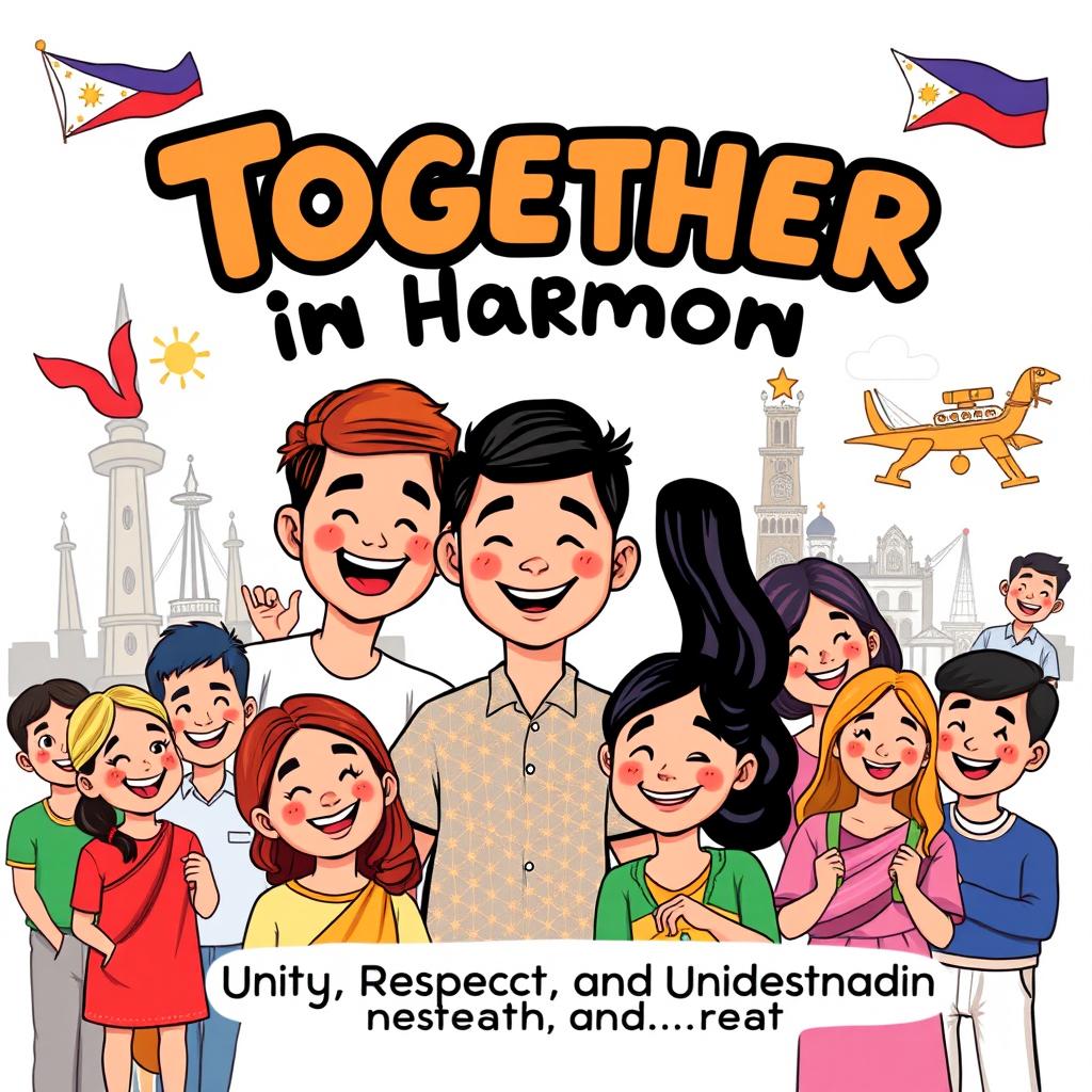 A digital cartooned poster with a bold message emphasizing unity and peace, showcasing diverse Filipino cultural elements like traditional clothing, national landmarks, and joyful gatherings